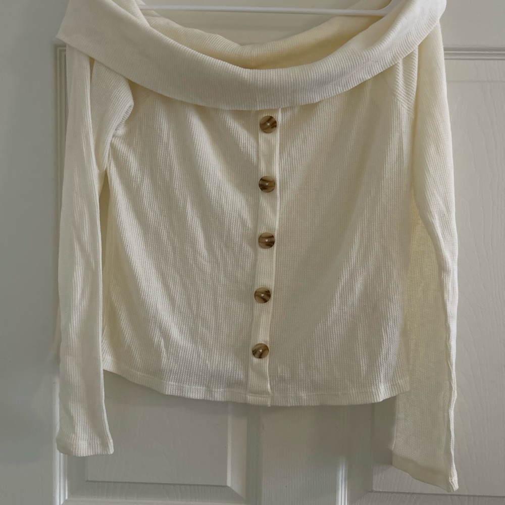 White Crow Cream Off-the-Shoulder Sweater with Gold Buttons